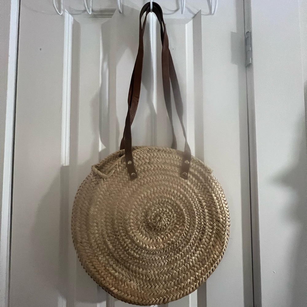 Round Straw Tote Bag with Brown Straps